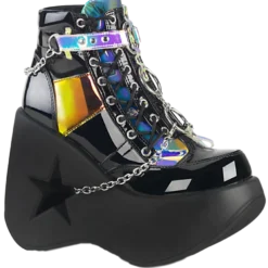 Pleasers Demonia Star Cutout Platform Wedge Side Lace-Up Ankle Boot Vinyl