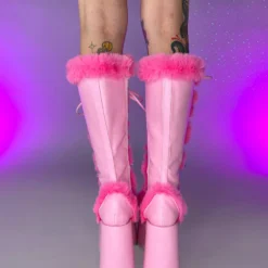 Pleasers Demonia Pink Furry Winter Faux Fur Boots Shoes