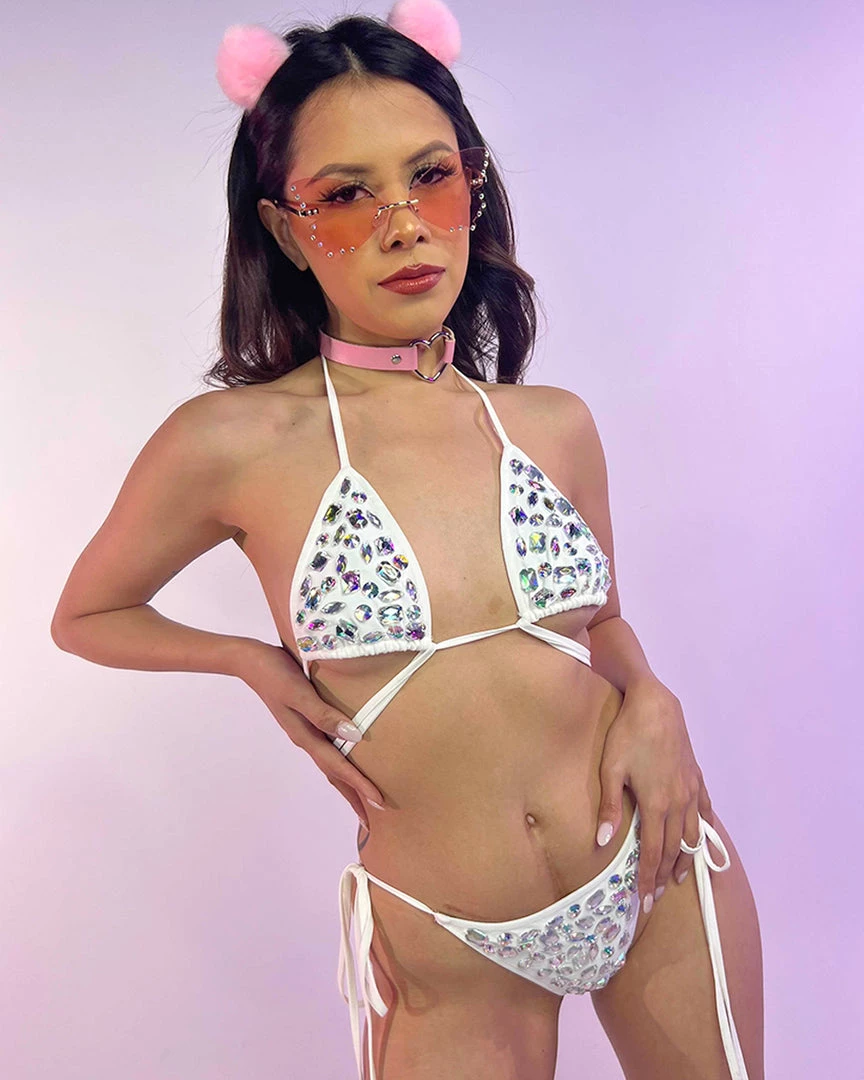 Hot And Delicious Rhinestone Pebbles White 2pc Bikini Set 2 Hot And Delicious Rhinestone Pebbles White 2pc Bikini Set