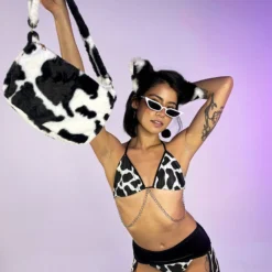 AE New Cow Animal Print Fuzzy Purse