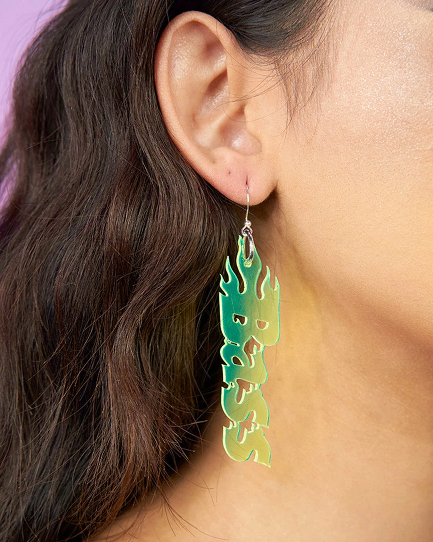 New Nomad Kandi Bass Babe Green Flame Earrings 1 New Nomad Kandi Bass Babe Green Flame Earrings