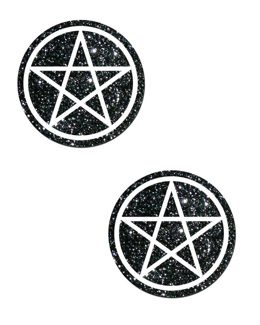 Pastease Womens PENTAGRAM: WHITE ON BLACK GLITTER NIPPLE PASTIES 1 Pastease Womens PENTAGRAM: WHITE ON BLACK GLITTER NIPPLE PASTIES