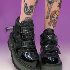 Pleasers Demonia Slacker Black Glitter Ankle Boots