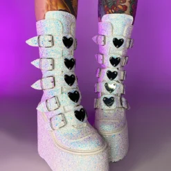 Pleasers Demonia White Multi Glitter Platform Mid-Calf Boots