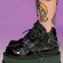 Pleasers Demonia Slacker Black Glitter Ankle Boots