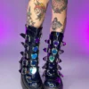 Pleasers Shoes Demonia Emily Holo Black Heart-Buckle Boots