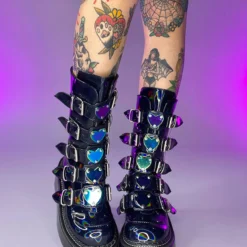 Pleasers Shoes Demonia Emily Holo Black Heart-Buckle Boots