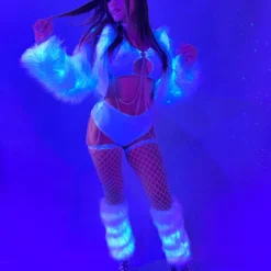 J. Valentine White Furry Blue LED Cropped Hooded Rave Jacket New
