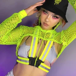 AE New Neon Green Fishnet Hooded Shrug