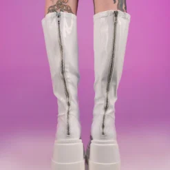 Pleasers Demonia Shaker White Holo Knee High Boots Shoes