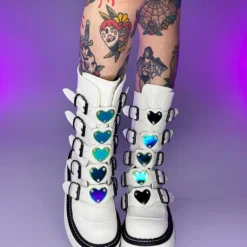 Pleasers Shoes Demonia Emily White Heart-Buckle Boots