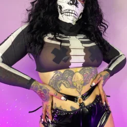 Leg Avenue Skeletons And Bones Neck Mesh Long Sleeve Rave Crop Top
