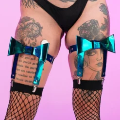 Daisy's Corsets Teal/Blue Holo Bow Leg Garters