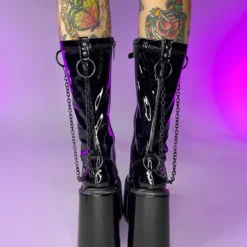 Pleasers Shoes Demonia Swing Patent Black Chain Knee-High Boots
