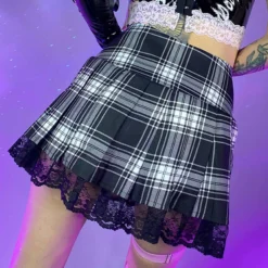 AE Womens Ribbon And Lace Gray Plaid Harajuku Mini Skirt