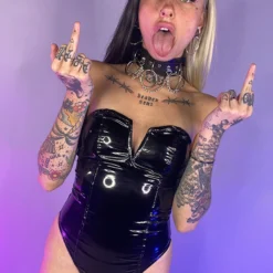 AE New Hug Me Tight Black Vinyl PU High Cut Bodysuit