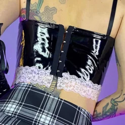 AE Sugar And Spice Pink Lace Vinyl Black Crop Top