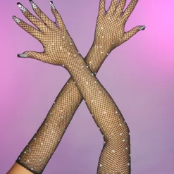 Leg Avenue New Black Rhinestone Fishnet Long Gloves