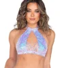 Roma Astro Candy Halter Neck Sequin Top Cropped Top With Strap Detail