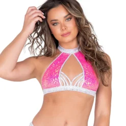 Roma Astro Candy Halter Neck Sequin Top Cropped Top With Strap Detail