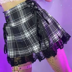 AE Womens Ribbon And Lace Gray Plaid Harajuku Mini Skirt