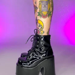 Pleasers Demonia Black Patent Lace-Up Platform Ankle Boots Shoes