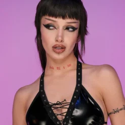 Bodyzone Sugar Baby Black Grommet And Lace Halter Top