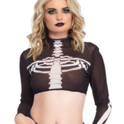 Leg Avenue Skeletons And Bones Neck Mesh Long Sleeve Rave Crop Top