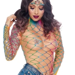 Leg Avenue Rainbow High Neck Fence Net Long Sleeved Bodysuit