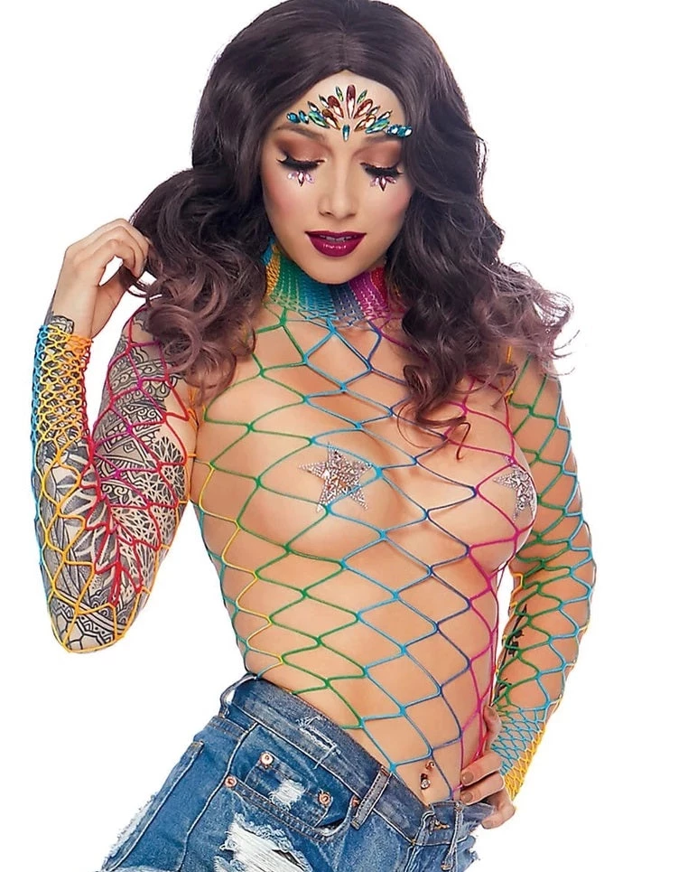 Leg Avenue Rainbow High Neck Fence Net Long Sleeved Bodysuit 2 Leg Avenue Rainbow High Neck Fence Net Long Sleeved Bodysuit