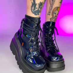 Pleasers Demonia Holographic Black Stacked Platform Ankle Boots Shoes
