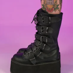 Pleasers Shoes Demonia Matte Black Studded Mid-Calf Platform Boots