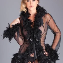 Be Wicked Lady Love Sheer Short Robe With Boa Feather Trim