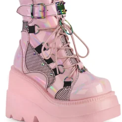 Pleasers Shoes Demonia Shaker Baby Pink Hologram Wedge