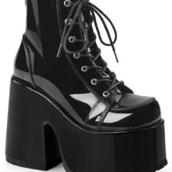 Pleasers Demonia Black Patent Lace-Up Platform Ankle Boots Shoes
