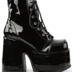 Pleasers Demonia Black Patent Lace-Up Platform Ankle Boots Shoes