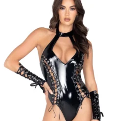 Roma Womens Calling The Shots Cutout Vinyl Lace-Up Romper