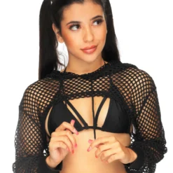 AE New Black Fishnet Hooded Shrug