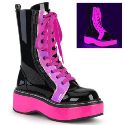 Pleasers Demonia Neon Pink UV Reactive Wrapped Platform Mid-Calf Lace-Up Boot Acid Jungle