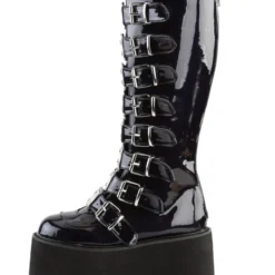 Pleasers Demonia Black Holographic Buckled Knee High Platform Boots
