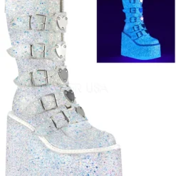 Pleasers Demonia White Multi Glitter Platform Mid-Calf Boots