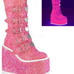 Pleasers Demonia Pink Glitter Platform Mid-Calf Boots Shoes