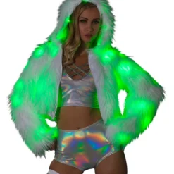 J. Valentine White Furry Green LED Cropped Hooded Rave Jacket