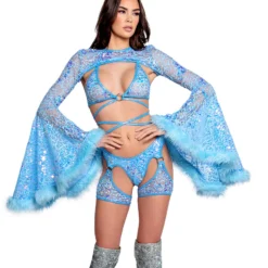 J. Valentine New Aqua Sequin Fur-Trimmed Shrug