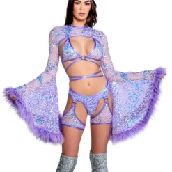 J. Valentine Lilac Sequin Fur-Trimmed Shrug New