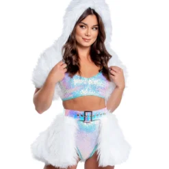 J. Valentine White/Blue LED White Fur Belted Skirt New