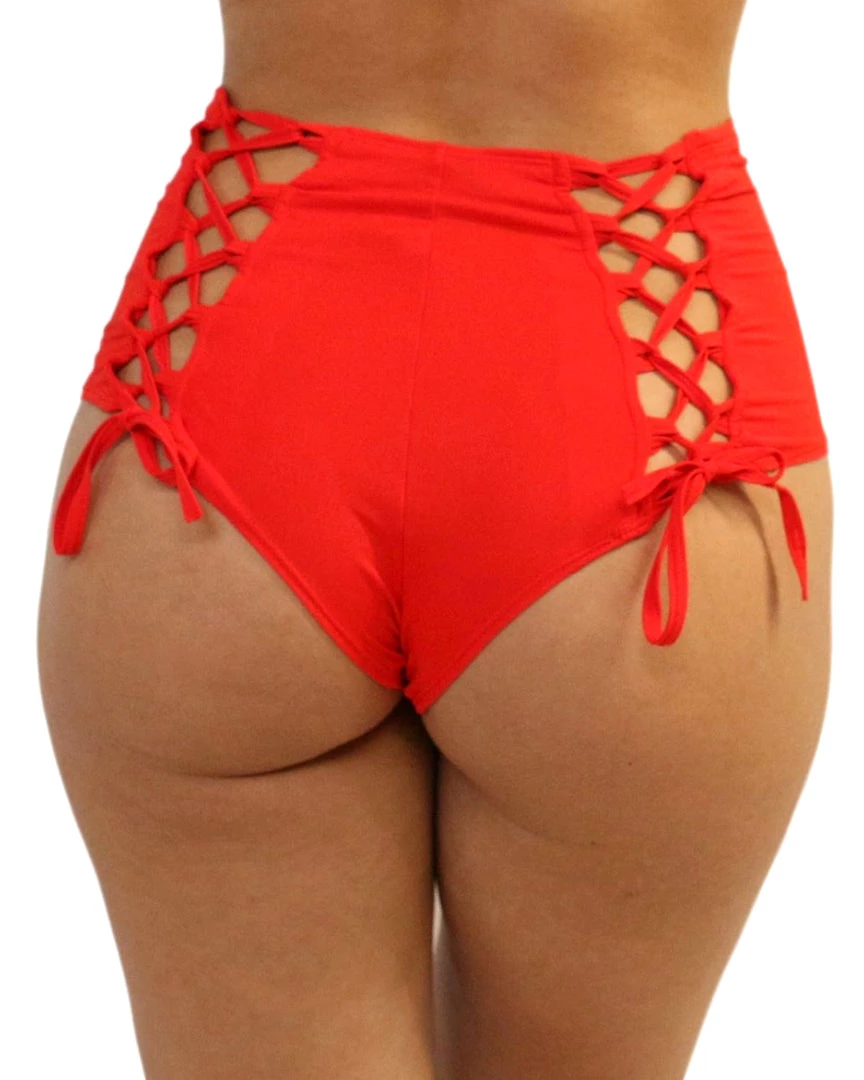 Shark Red Lace Back High Waist Bottoms 5 Shark Red Lace Back High Waist Bottoms
