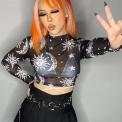 AE Astrology Mesh Sheer Long Sleeve Top New