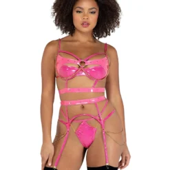 Roma 3pc Chain & Vinyl Pink Lingerie Set