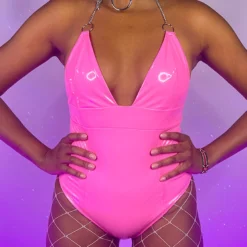 OhYes Fashion Neon Pink Urban Nights Vinyl And Chain Bodysuit